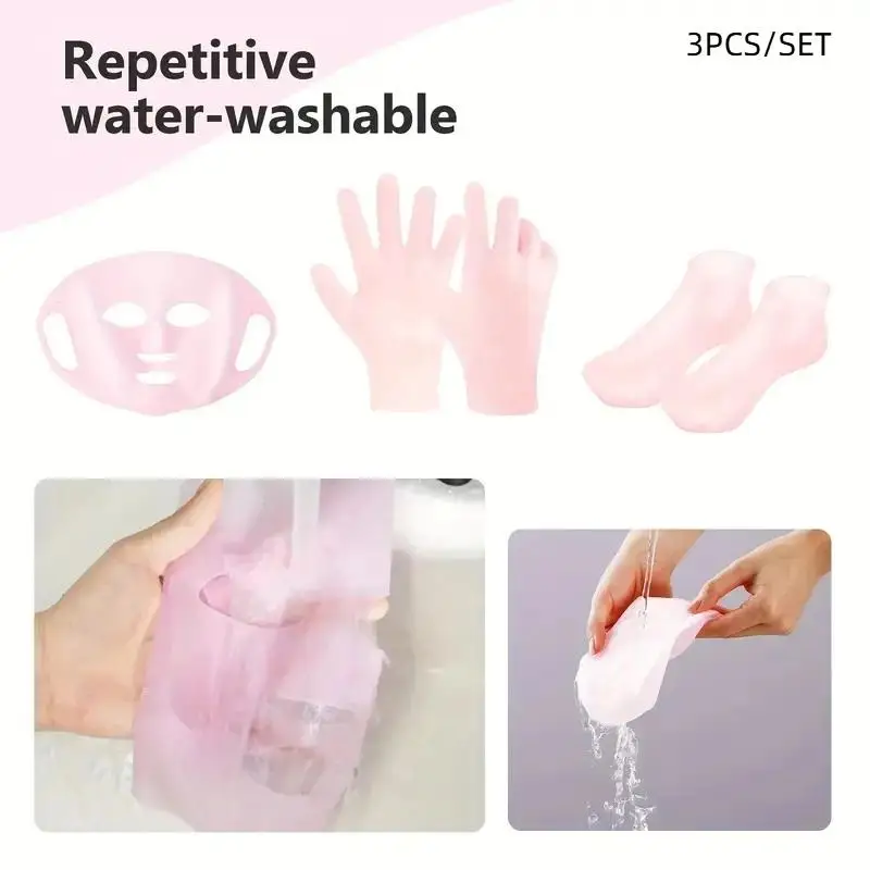 3個/1ペア/セット シリコンスキンケア - 再利用可能な保湿マスクセット、手袋、靴下 - 顔、手、足の乾燥、ひび割れた肌用