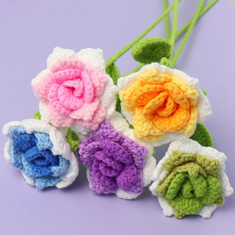 

10PCS/Lot Knitted Artificial Rose Flowers Branch Home Wedding Decoration Handmade High Quality Valentine's Day Gift