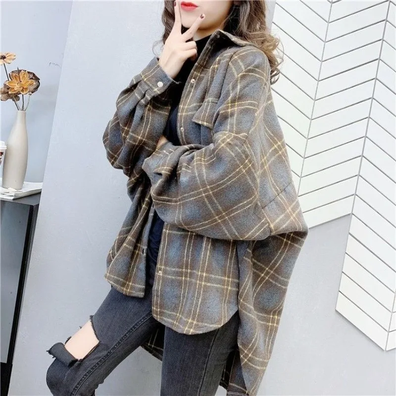 

Plaid Shirt for Women's Spring Clothes New Mid-length Woolen Thick Fluff Long-sleeved Shirt