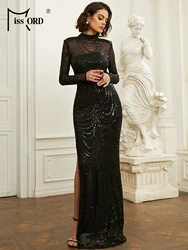 Missord Black Sequin Wedding Dress Elegant Women Turtleneck Long Sleeve Side Split Bodycon Party Prom Dresses Long Evening Gown