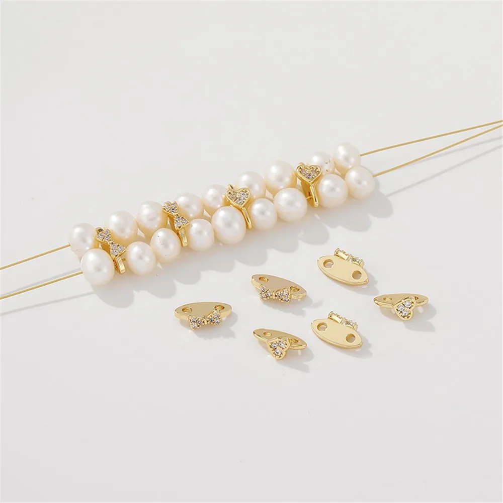 

18K Gold-wrapped Zircon Bow Love Double-hole Pearl Spacer DIY Bracelet Necklace Jewelry Accessories