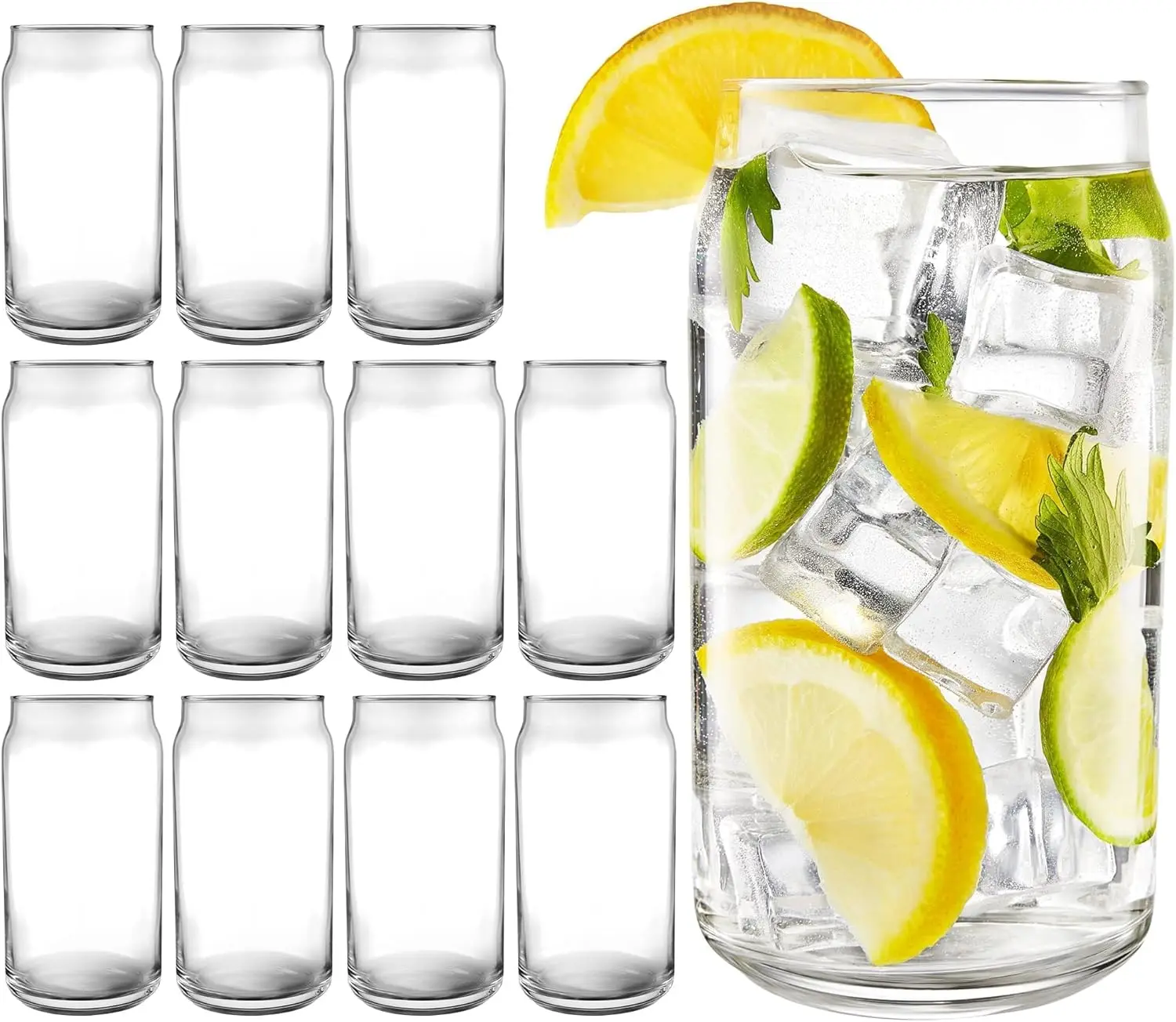 

Set of 12 Clear Glass Can-Shaped Cups, Modern Drinkware for Beer, Soda, and Cocktails