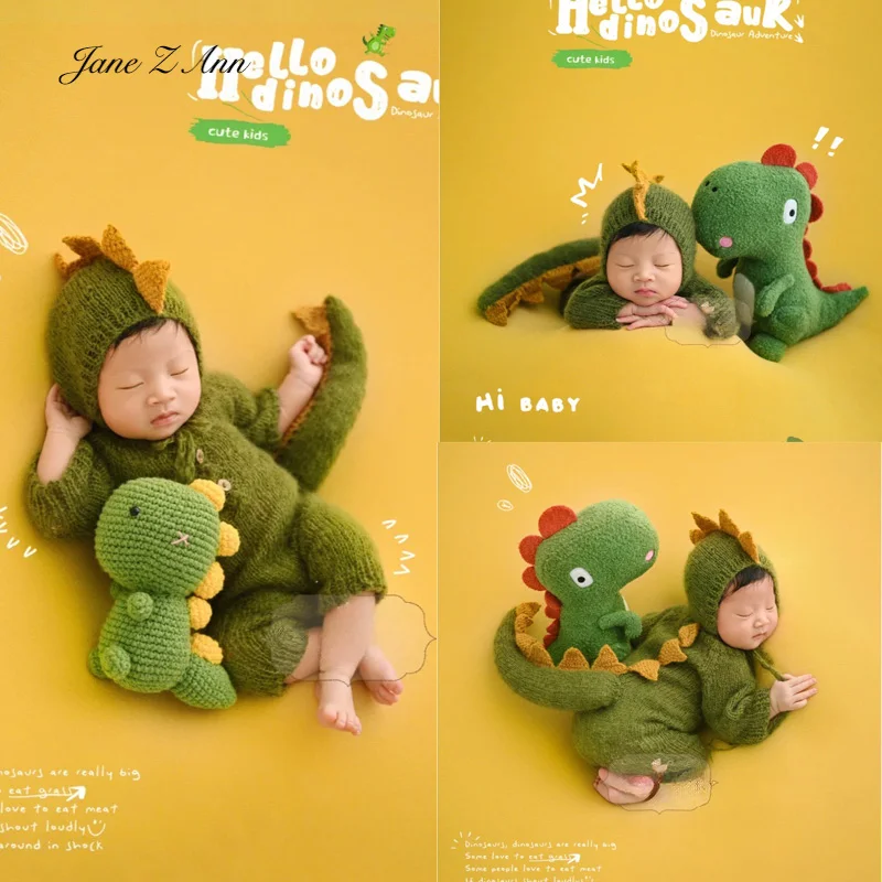 Dragon Baby Newborn Photography Props Clothes green knitted  hat+jumpsuit no doll infant holiday cosplay outfits studio shooting