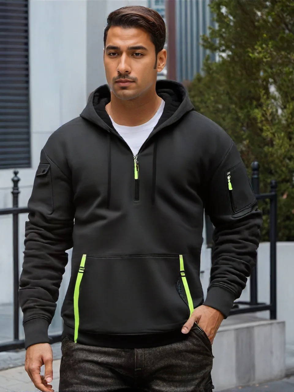 

New Men's Classic Sport style solid-color multi-pocket fringed design long-sleeved hooded pullover in autumn and winter season