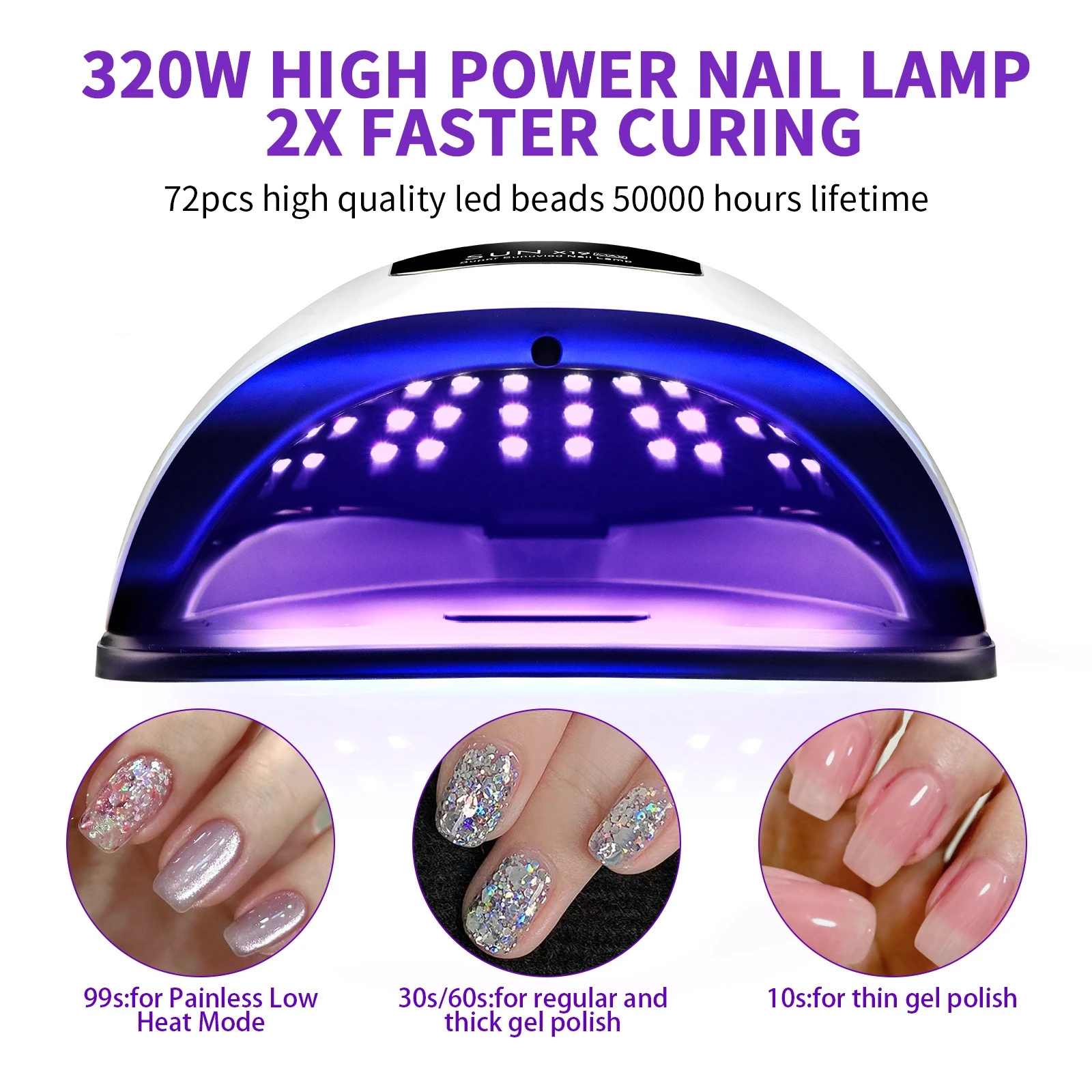 Lâmpada de unha 320w com 72 contas de led, secagem rápida, uv, led, secador de unhas para esmalte em gel, lâmpada profissional de cura de unhas para casa e salão de beleza