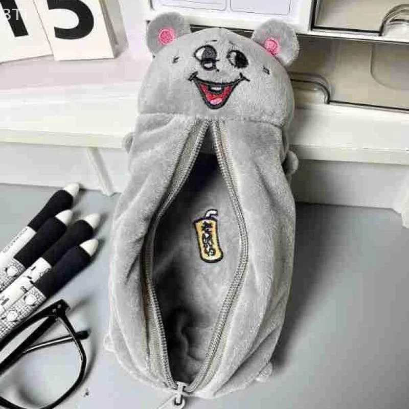 Cartoon Smiling Mouse Plush Pencil Case Cute Student Stationery Bag Large Capacity Storage Bag