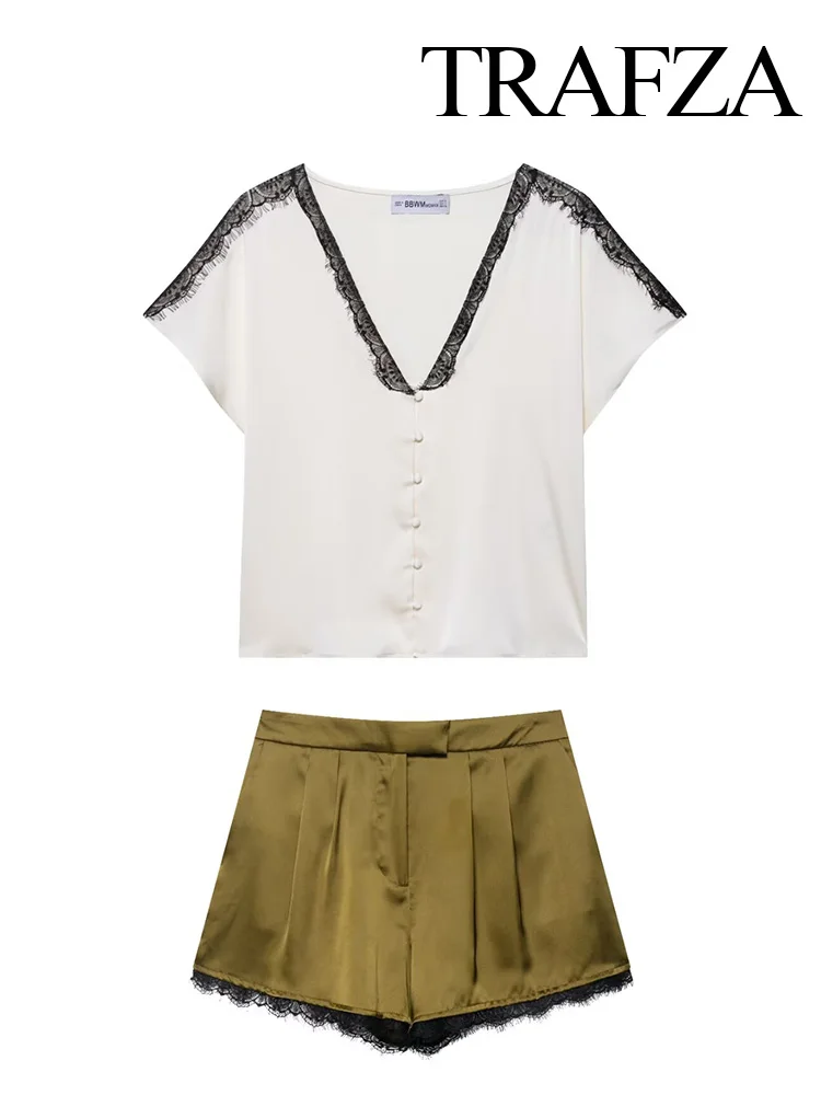 

HH Women Chic Suits Lace Trimmings V-Neck Short Sleeve Single-Breasted Shirts+Zipper Pleated High Waist Pockets Mini Shorts