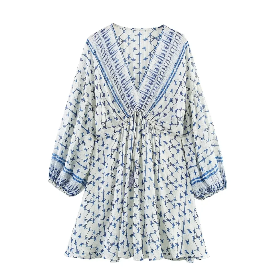 

Новая женская одежда с принтом, v-образным вырезом и длинными рукавами, свободное повседневное универсальное платье, короткая юбка