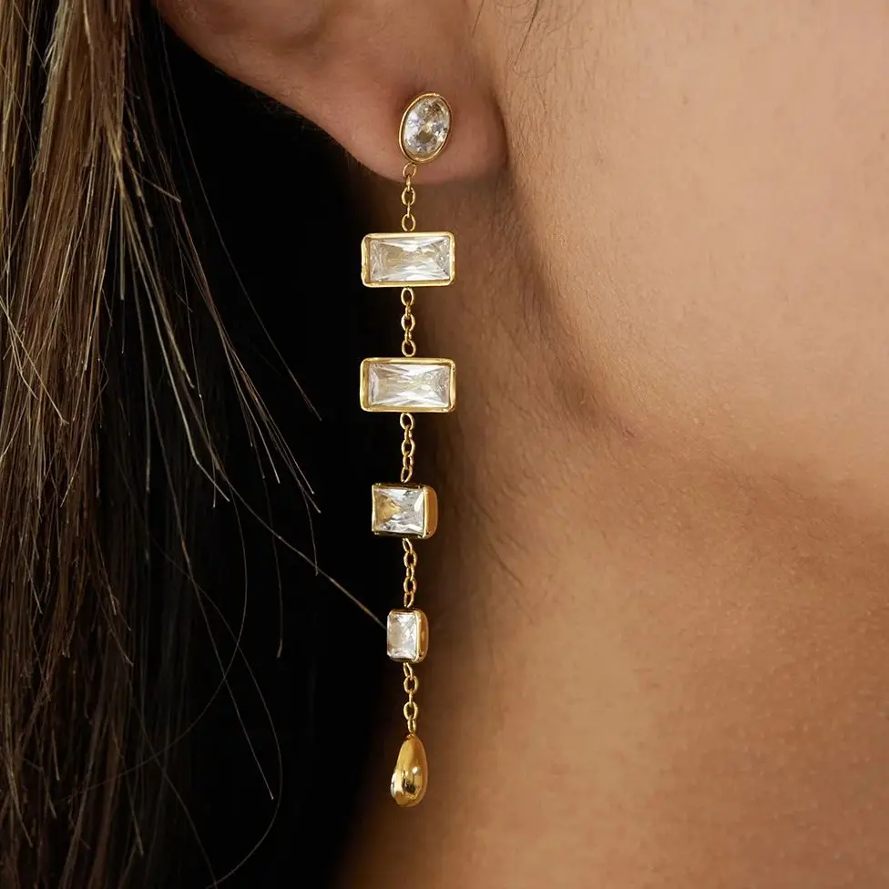 

YHTOT Minimalist Classic 18K Gold Color Plated Stainless Steel Square White Zircon Teardrop Shaped Tassel Earrings Women's Part