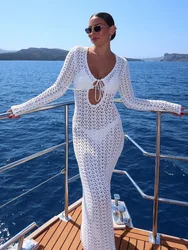 White Hollow Out Knit Maxi Dress for Women Summer Long Sleeve Slim Beach Dress Sexy Lace-up V-neck Holidays Dress 2024 Knitwear