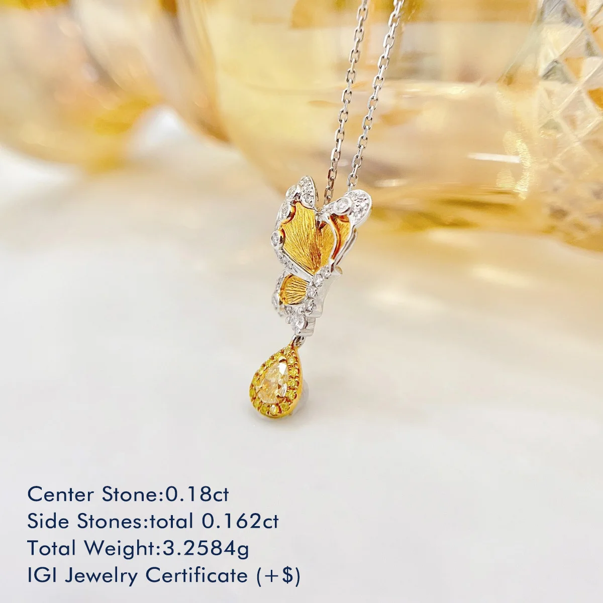 Butterfly Shaped Natural Diamond Necklace 18K White Gold Total 0.34ct Center Stone Yellow Pear Cut Halo Natural Diamond Necklace