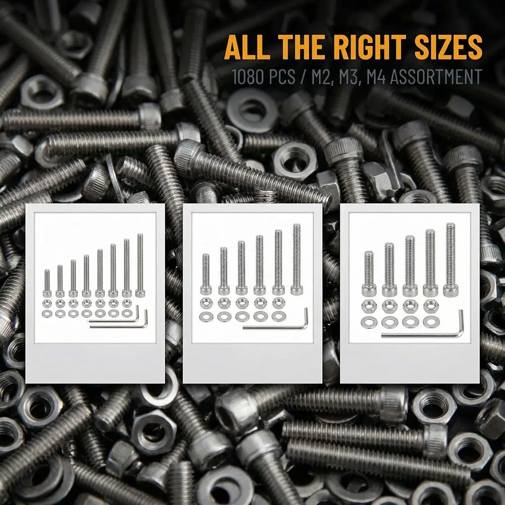1080 Pcs M 2 M 3 M 4 Hex Button Machine Screws Stainless Steel Black Silver Metric Bolts Nuts Washers Kit Durable Hexagon Socket