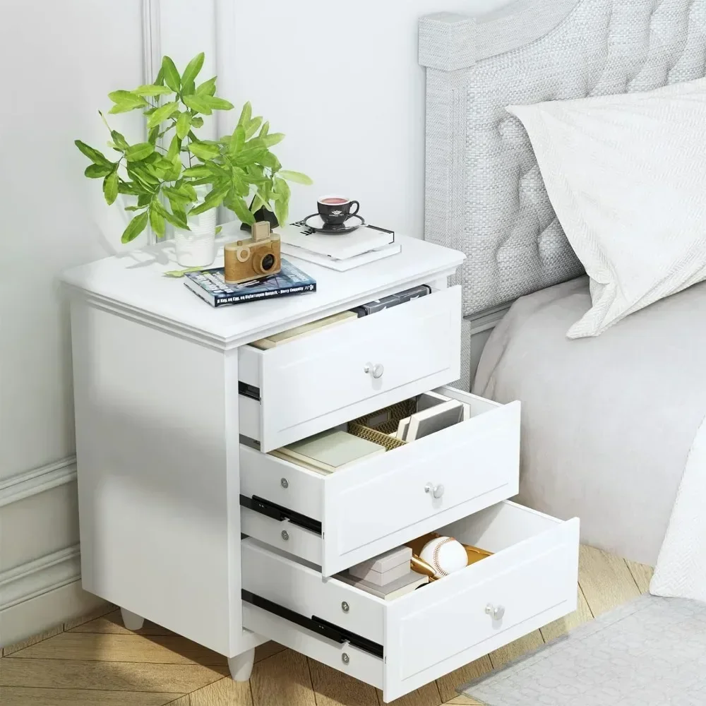 

3 Drawer Bedside Table with Wooden Legs, Modern White Drawer Dresser Bedside Table, Perfect for Bedroom, Living Room