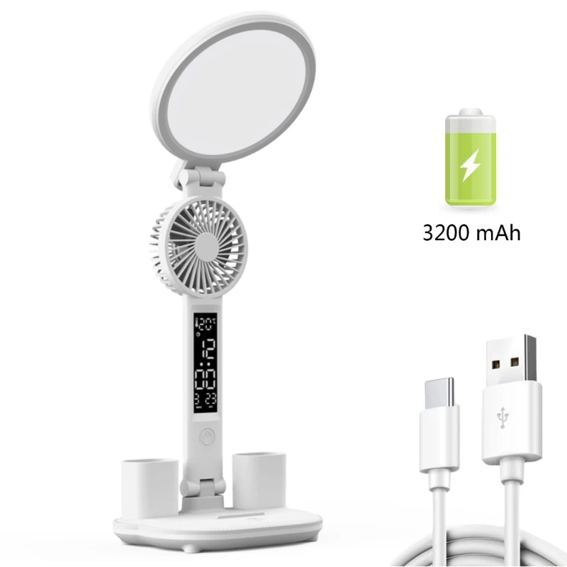 LED Desk Lamp Ambient Light Adjustable 3200mah Rechargeable /USB Led Display Time Temperature Reading Lamp with Fan