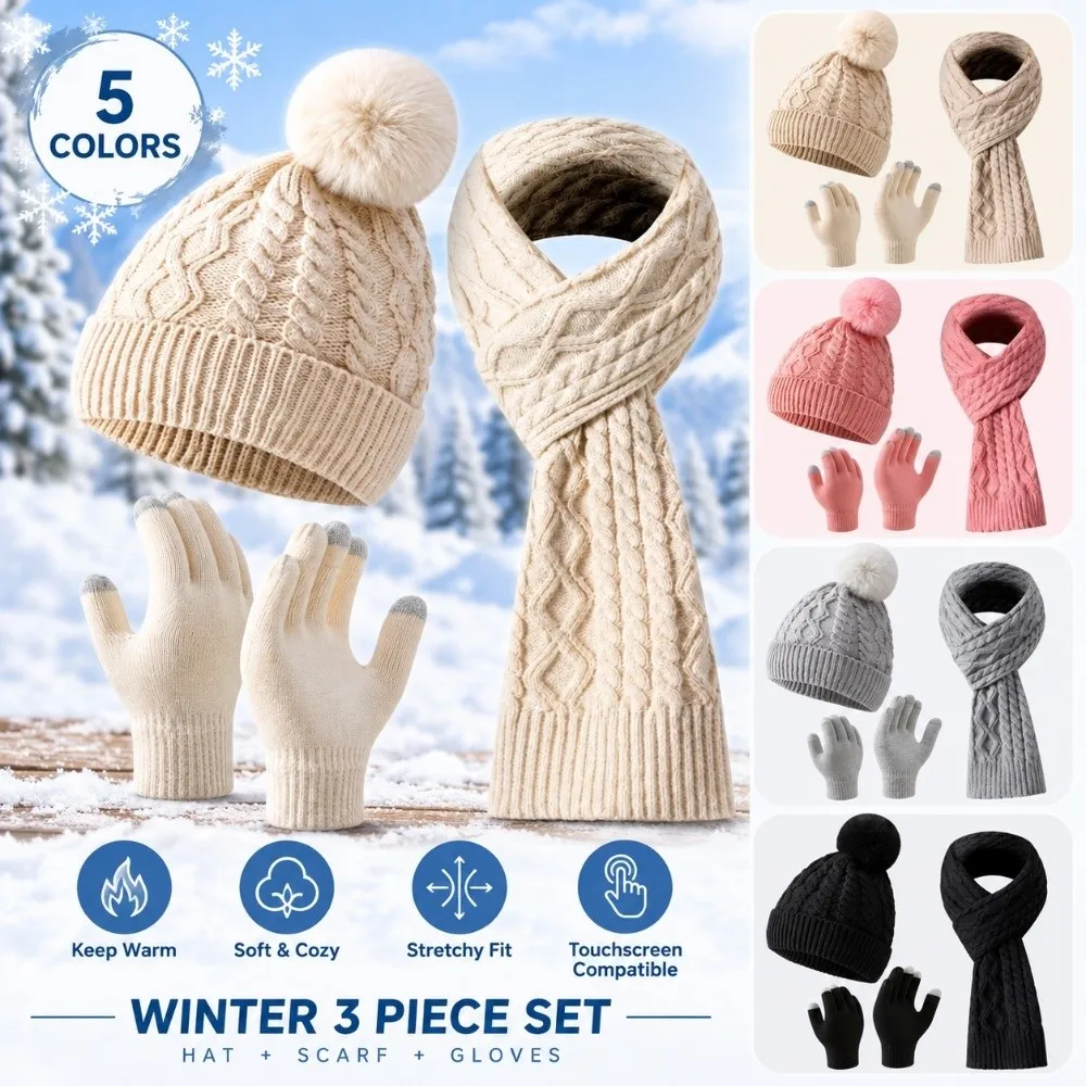3Pcs/Set Warm Winter Hat Scarf Gloves Set Thicken Knitted Scarf Neck Warmer Suit Elastic Windproof Touchscreen Gloves Unisex