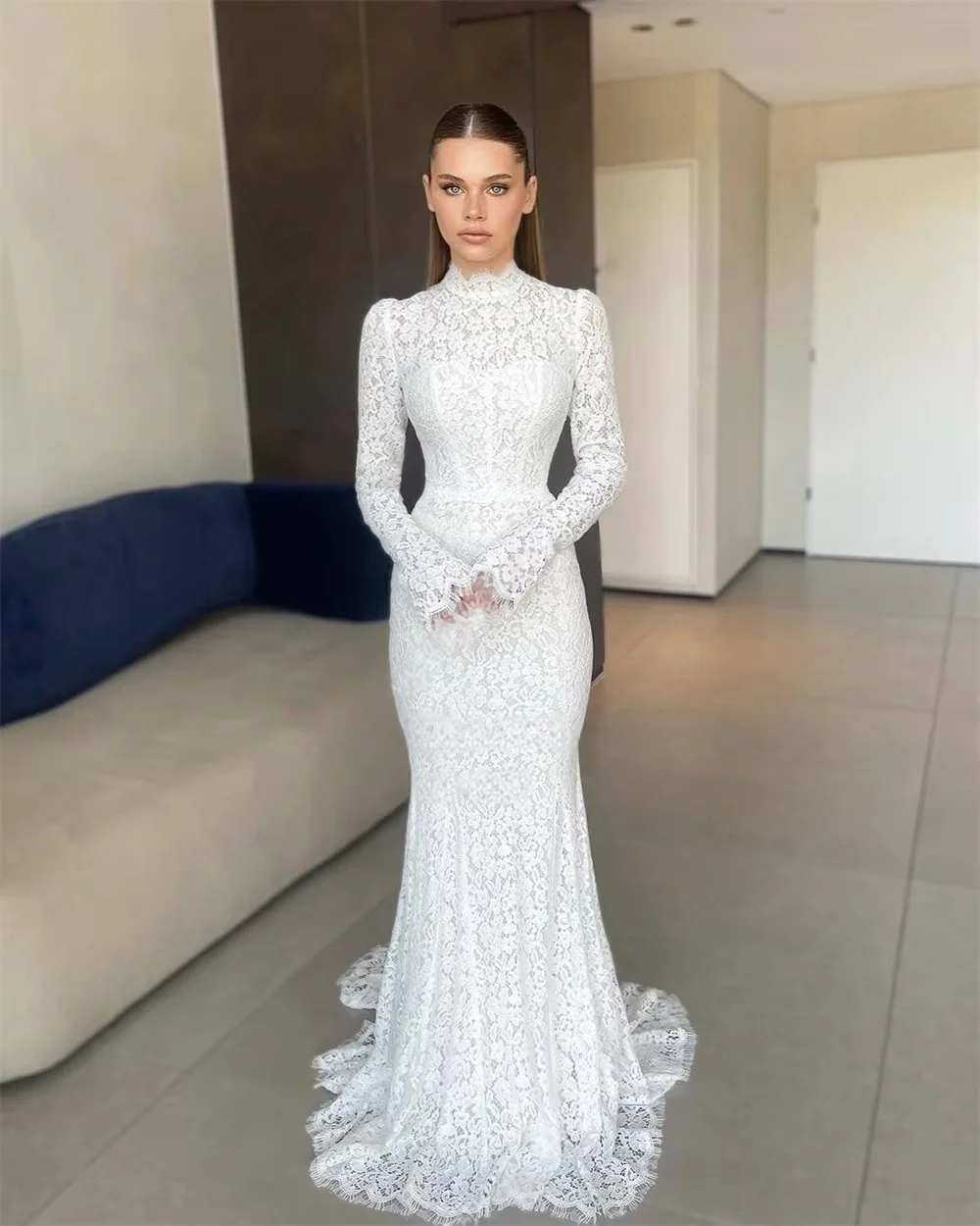 Oloey Customized White Lace Wedding Dress High Neck Long Sleeves Mermaid Bridal Gowns Civil Ceremony Party Wear Vestidos