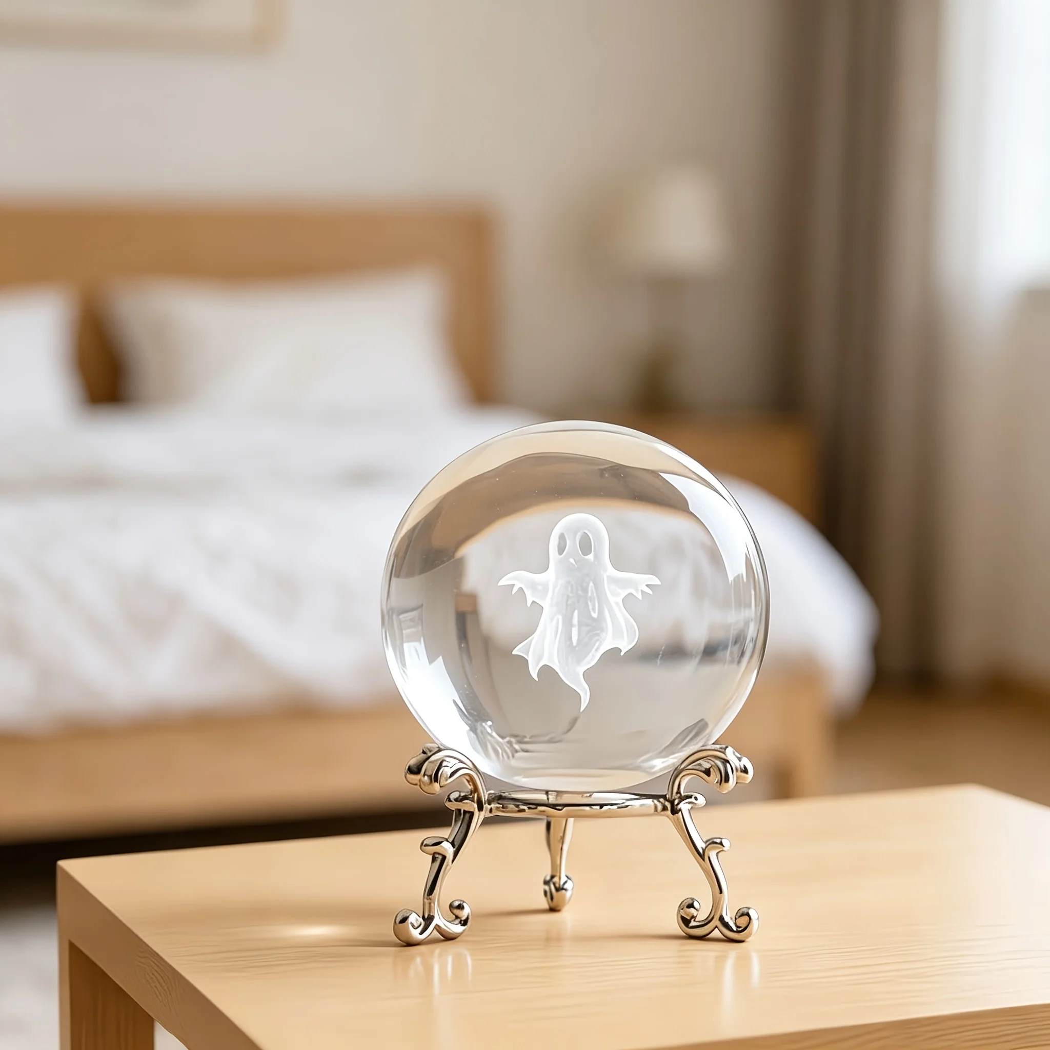 Ghost Engraved Crystal Ball, Spooky Halloween Gift, Crystal Engraved Little Ornament with Base - Gothic Tabletop Decoration. view 5