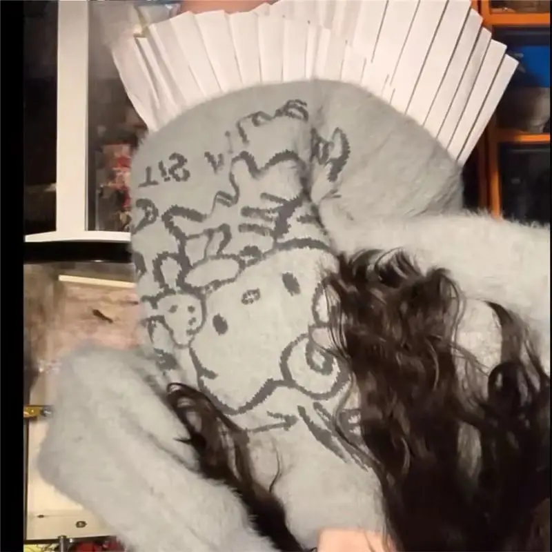 

Серый ленивый стиль, мягкий милый Hello Kitty, милый свободный пуловер с героями мультфильмов, свободный повседневный осенне-зимний вязаный свитер, милый свитер