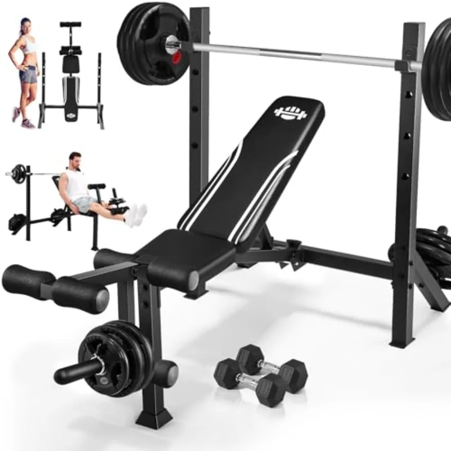 Banco de Pesas Ajustable 900LBS con Rack de Sentadillas de 72'' de Ancho, Extensión/Flexión de Piernas, Banco de Entrenamiento Plegable para Fitness de Cuerpo Completo