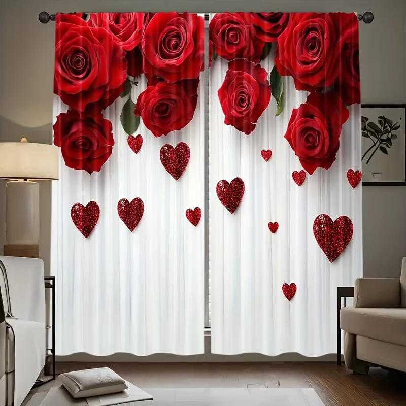 2PC Red Rose Glitter Heart Sheer Curtains - Romantic Valentine's Themed Print Window Drapes for Bedroom Living Room Decor
