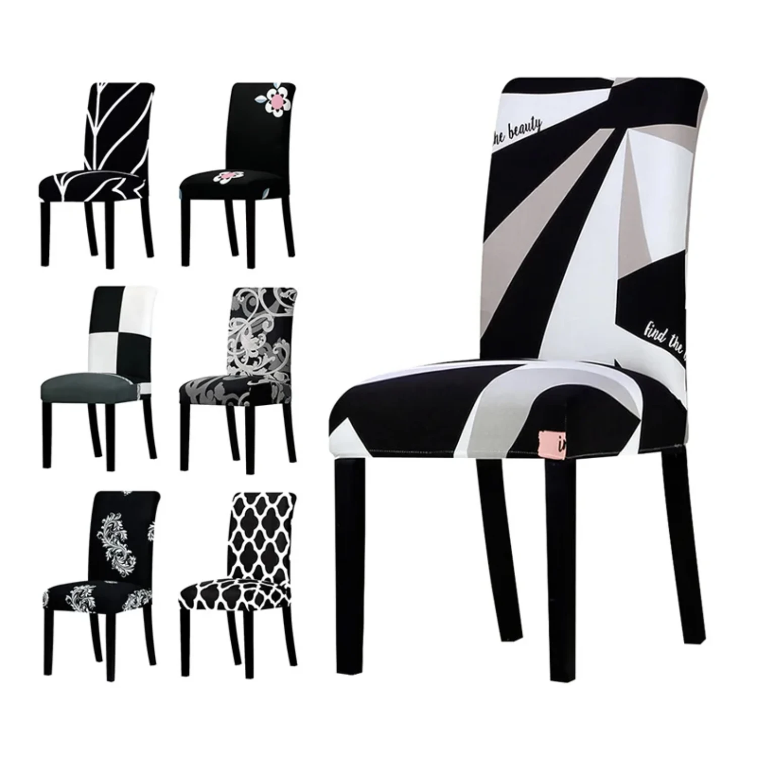 Elegant Black and White Stretchy Chair Cover with Elastic Size - Removable Slipcover for Dining Seats - Perfect for Banquet and