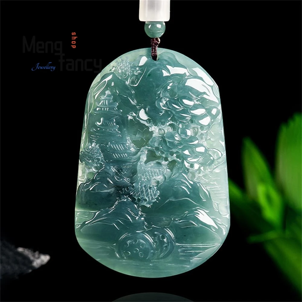 

High-end Natural A-grade Jadeite Blue Water Mountain Water Landscape sign Glutinous Variety Pendant Handicraft Fashion Jewelry