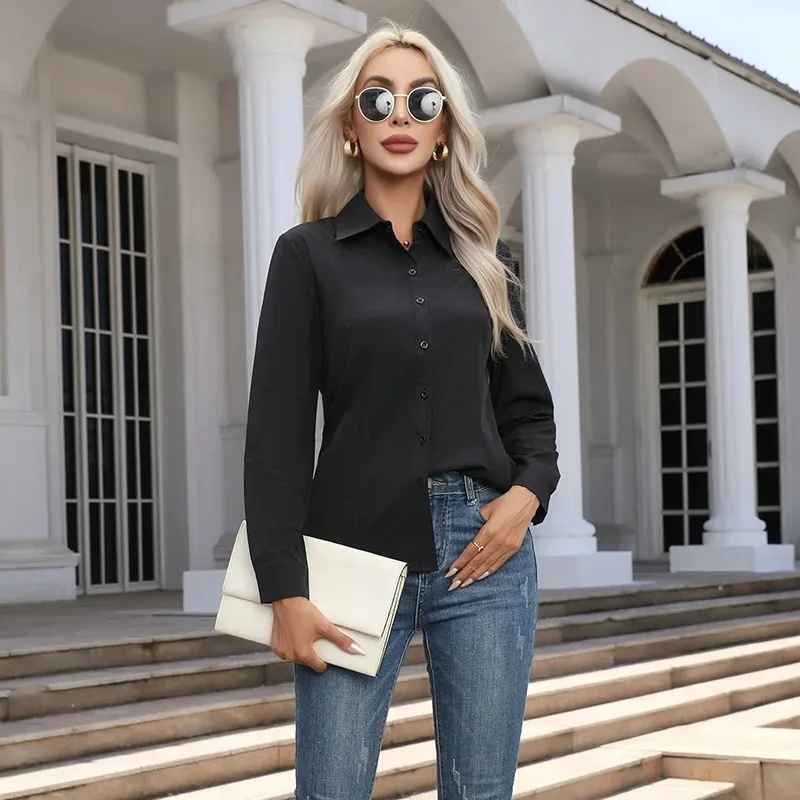 Women Spring Autumn Style Blouses Shirts Lady Casual Long Sleeve Turn-down Collar Solid Color Blouse Tops