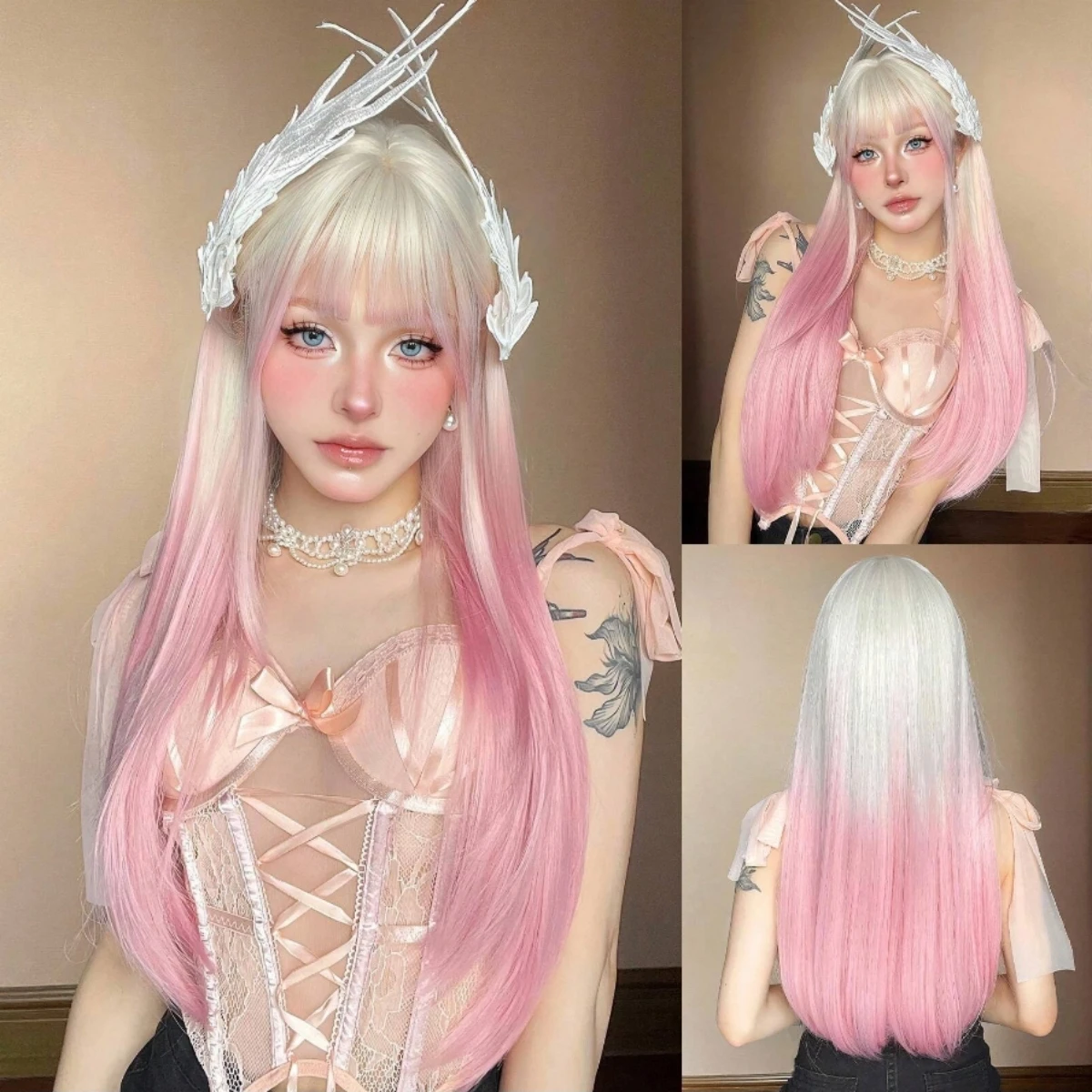 Allbell Magique Platinum Pink Ombre Long Straight Synthetic Wigs for Women with Bangs Natural Gradient Colorful Hair Christmas