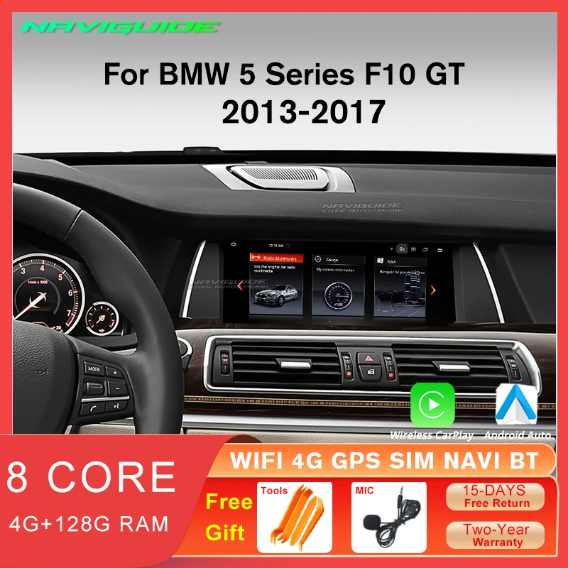 NAVIGUIDE 10.25 Inch Car Radio For BMW 5 Series F10 GT 2013-2017 NBT System 1280*480P Android 12 Multimedia Player GPS Bluetooth