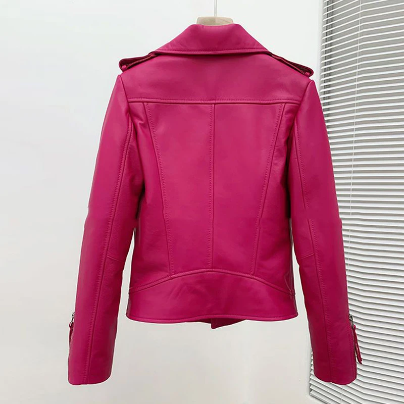 Mode Rose Rosa Frauen Echtes Leder Jacke 2024 Neue Motorrad Echt Schaffell Weibliche Casual Zipper Kurze Leder Jacke Mantel