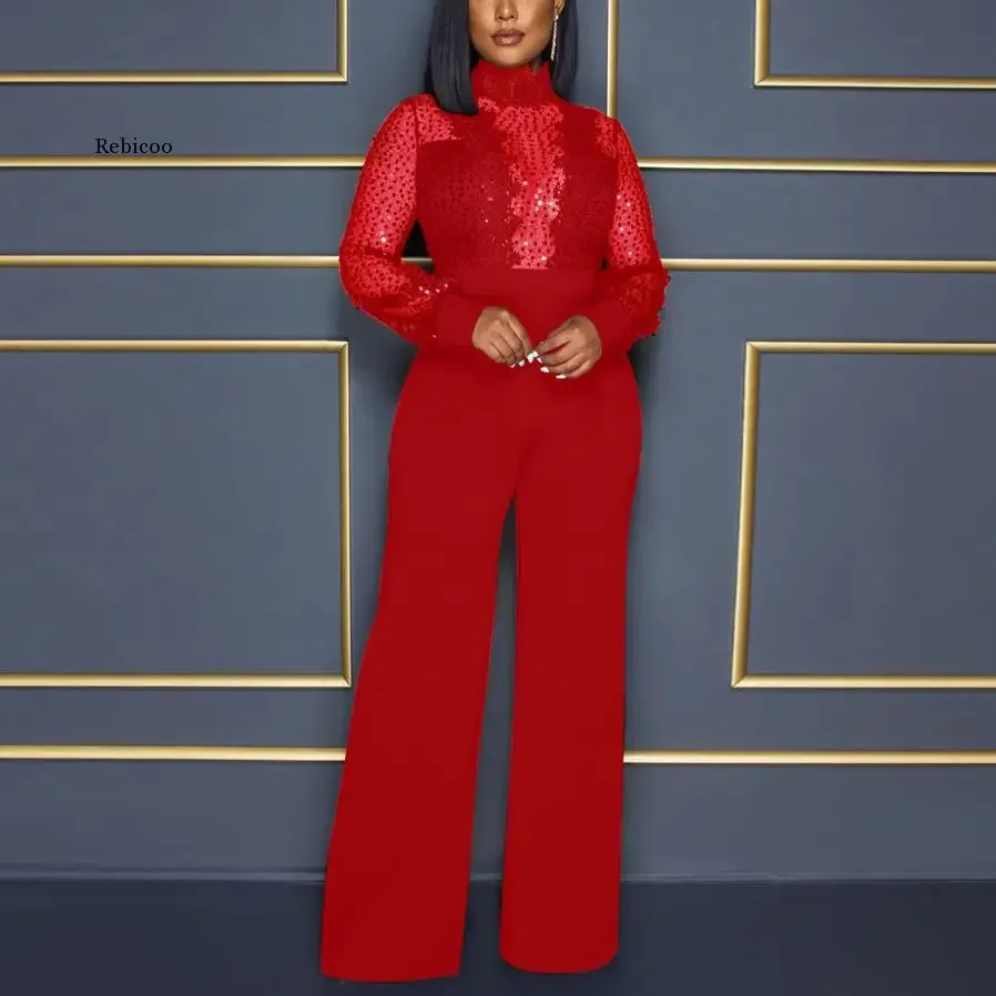 

Elegant Jumpsuits Women 2022 Female High Quality Autumn Fall Full Sleeve High Waisted Transparent Luxury Evening Party Overalls