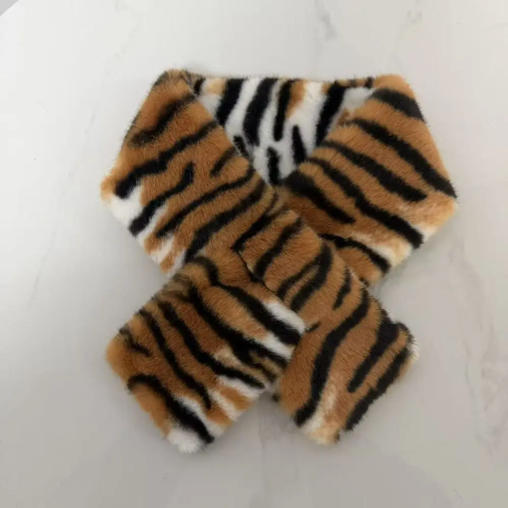 Thick Warm Faux Fur Hat Soft Fluffy Animal Print Cross-tie Scarf Washable Comfortable Fit Leopard Print Scarf Women Ladies