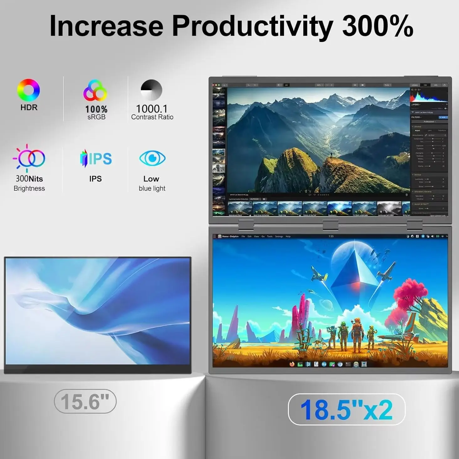 18.5 Inch 100Hz Dual Portable Monitor 1920*1080 FHD IPS 100%sRGB Equipped with Stand for Laptop PC PS Phone PS4/5 XBox Switch