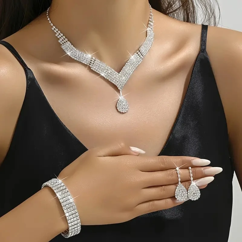 4 Pcs Luxurious Jewelry Set Rhinestone Droplet Shaped Necklace Bracelet Earring Elegant Women's Wedding Accessories Necklace Set