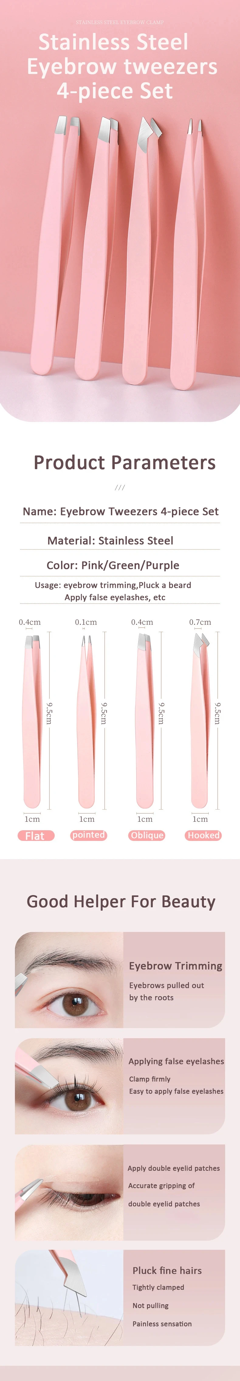 4-teiliges Augenbrauen-Clips, mehrfarbiges Pinzetten-Set für Frauen, tolle Präzision für eingewachsene Haare, Splinter, Gesichtshaarentfernung, Schönheitswerkzeug – Detail 1