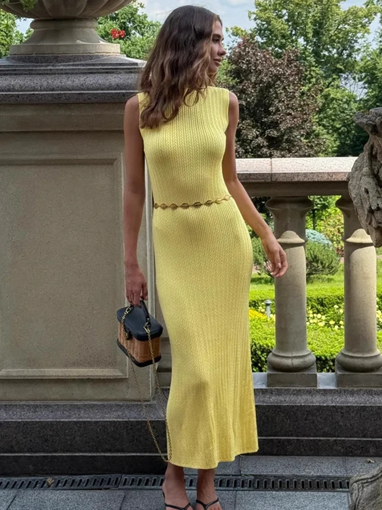 

Trendix Elegant Knit Evening Dress Women Slim Solid High Street Fashion Maxi Dresses Vacation Party O Neck Knitwear Basic Dress