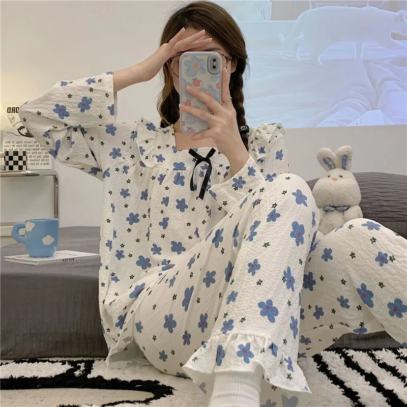 

Fresh Floral Print Pajamas For Women New Spring Autumn Home Clothes Long Sleeve Pant Sets Ladies Sleepwear Pijamas Night Suit