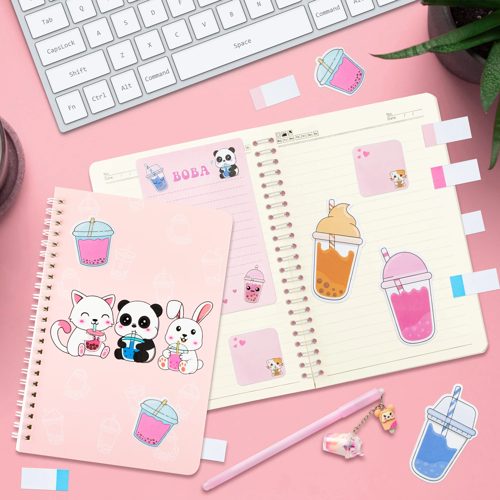 Pink Milk Tea Stationery Set - A5 Notebook Sticky Note Pad & Bubble Tea Themed Pen with Charm Gift for Students Boba Tea Lovers