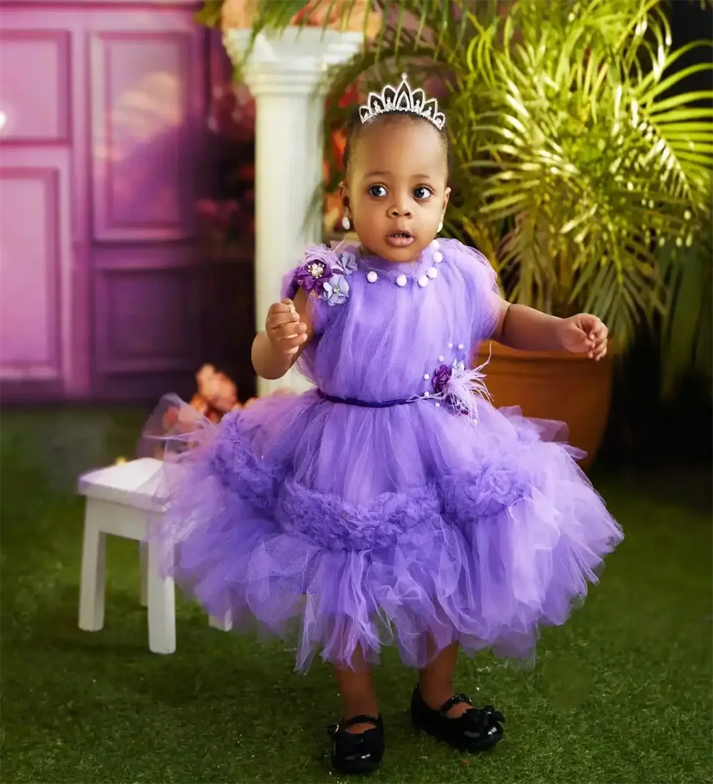 

Lavender Ruffles Feather Flower Girl Dresses Kids Birthday Dresses for Wedding Party Girls Prom Gowns for Photoshoot