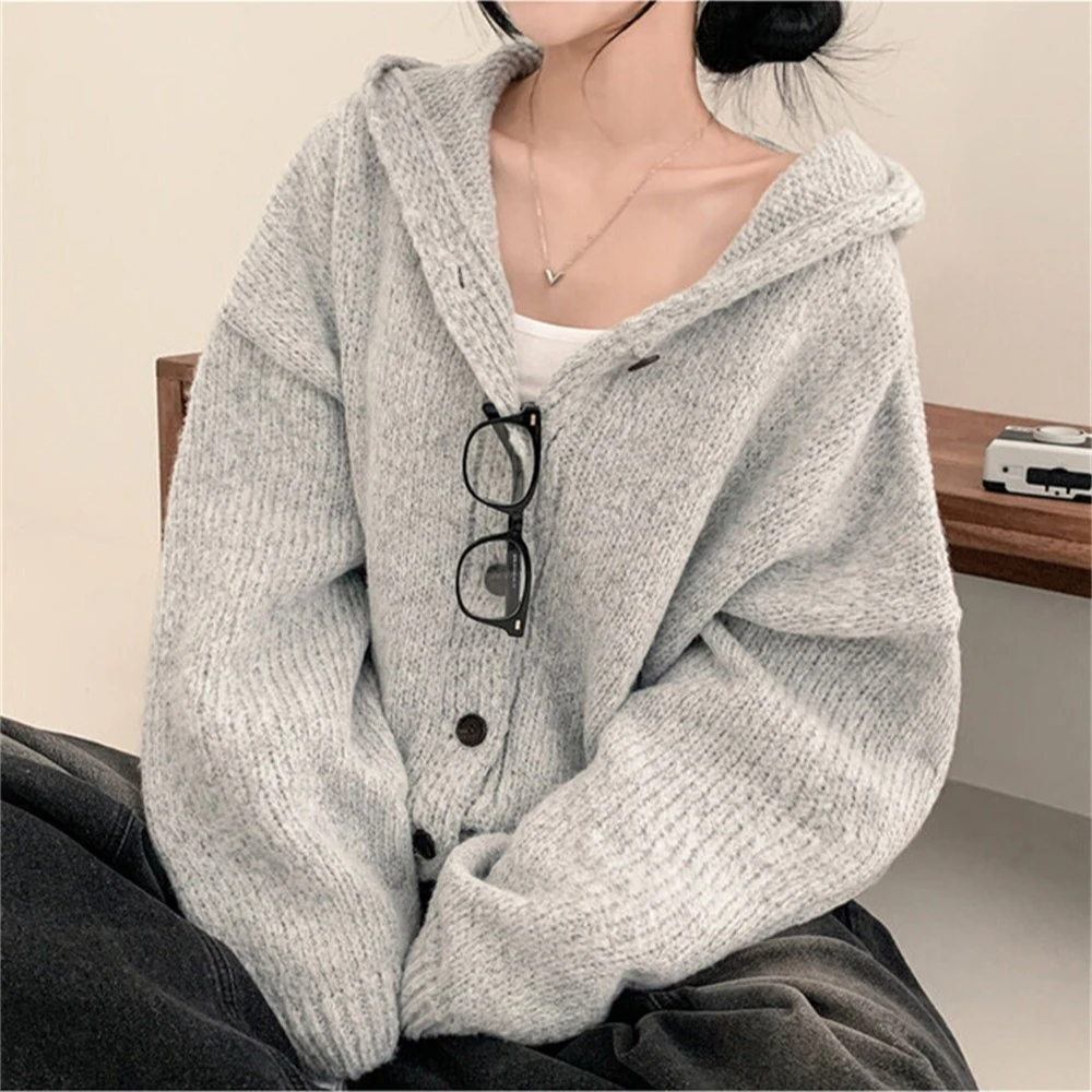 

REALEFT Autumn Winter Knitted Hooded Women's Cardigan 2025 New Long Sleeve Casual Loose Single Breasted Sweaters Outwear Female