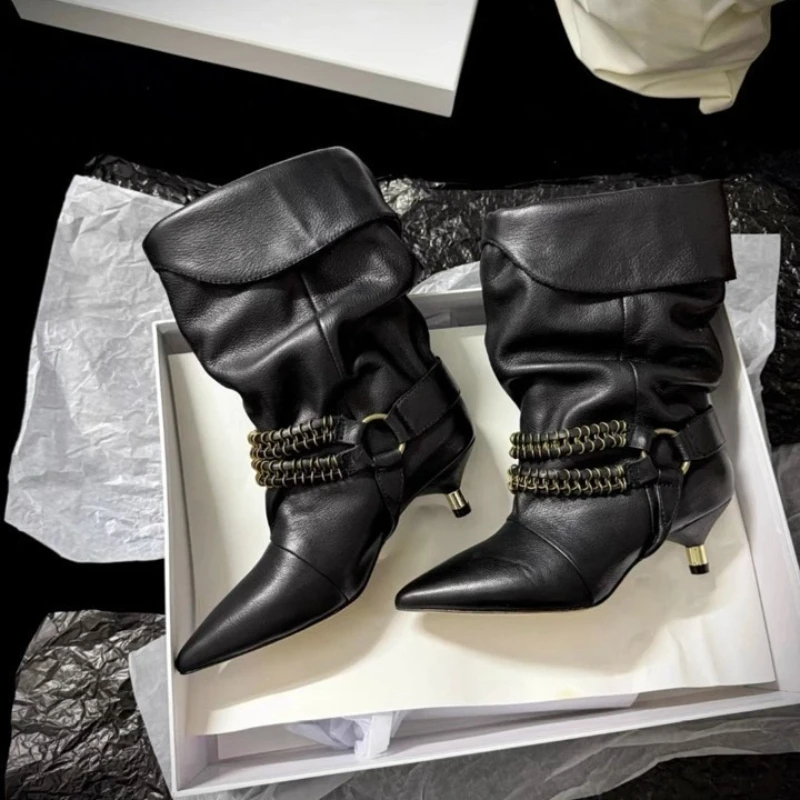 

New Retro Chain Buckle Pointed Pleated Women's Boots Cat Heel Low Heel Medium Boots
