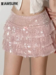 IAMSURE Sweet Cute Sparkle  Glitter A-Line Pleated Skirt Casual See Through High Waisted Mini Skirts Women 2023 Summer Fashion