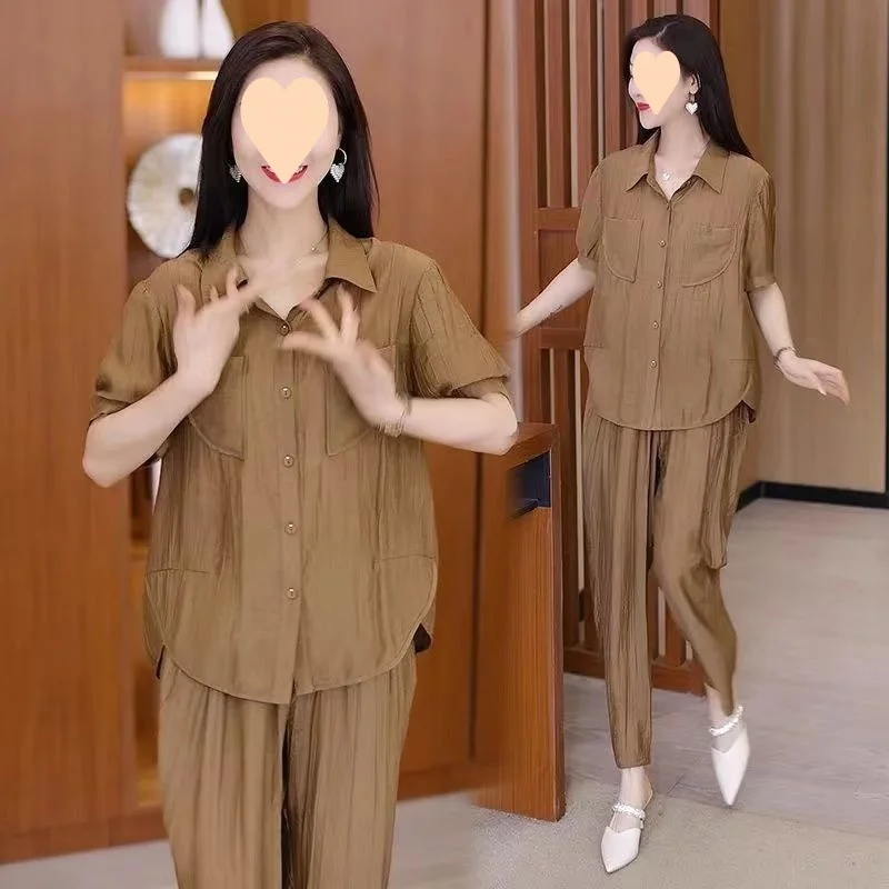 

Fashionable Mommy Set Women's Stylish plus Size Top Summer New Mid-Aged And Elderly Trendy Anti-Aging Shirt Set