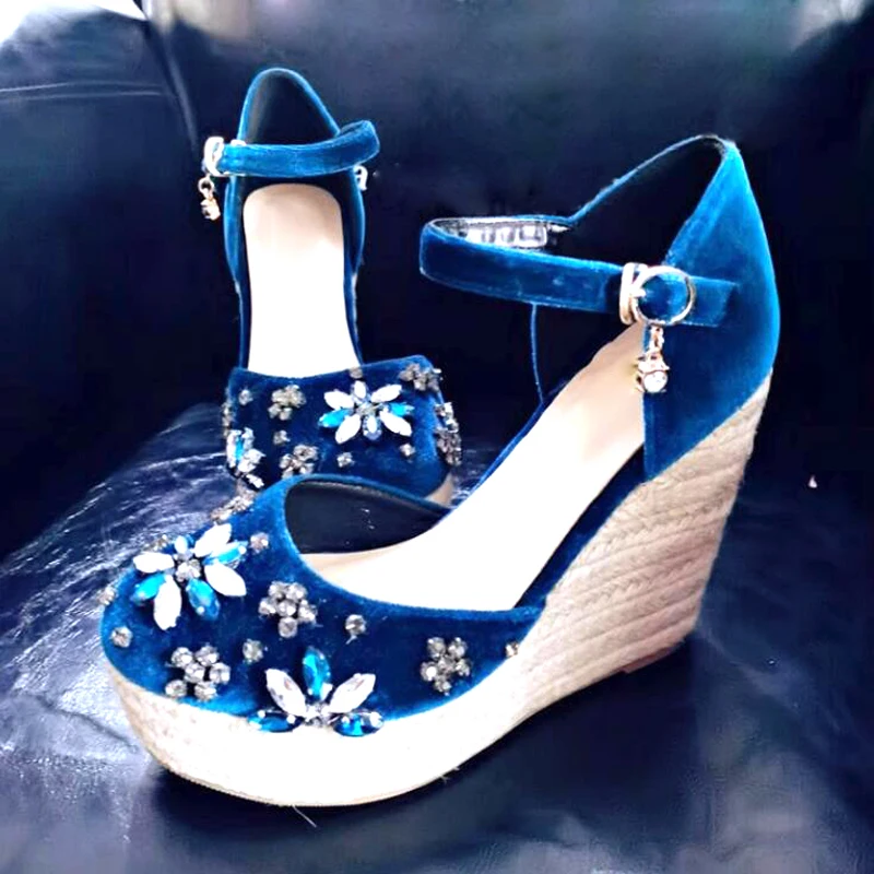 Black Royal Blue Velvet Gems Rhinestone Flower Rope Braided Wedge Sandals Women Closed Toe Crystal Vacation Sandalias Shoes