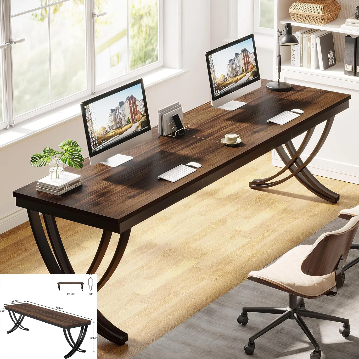 Computerbureau, 200 x 60 x 82 cm, dubbel lang bureau met 2 lades, kantoortafel, werktafel, kantoormeubilair