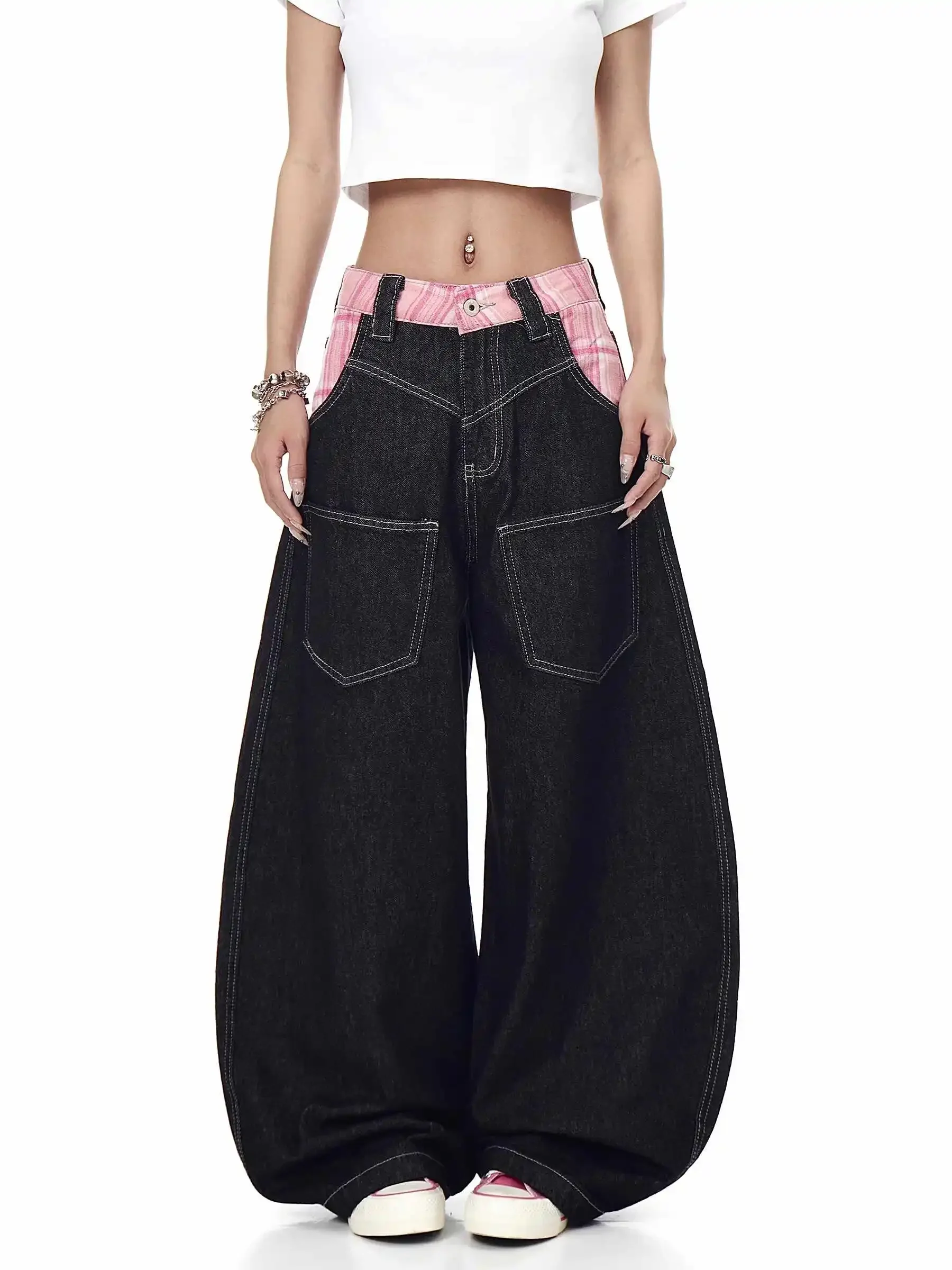 

Women's Black Goth Y2k Baggy Plaid Patchwork Jeans Harajuku Vintage Denim Trouser Japanese 2000s Style Oversize Emo Jeans Pants