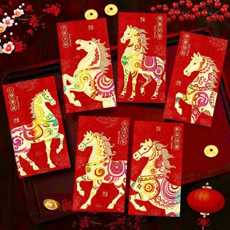 

Chinese Style Color Hot Stamping Red Envelopes Year of The Horse with Blessing Patterns To Welcome The Spring New Year Envelopes