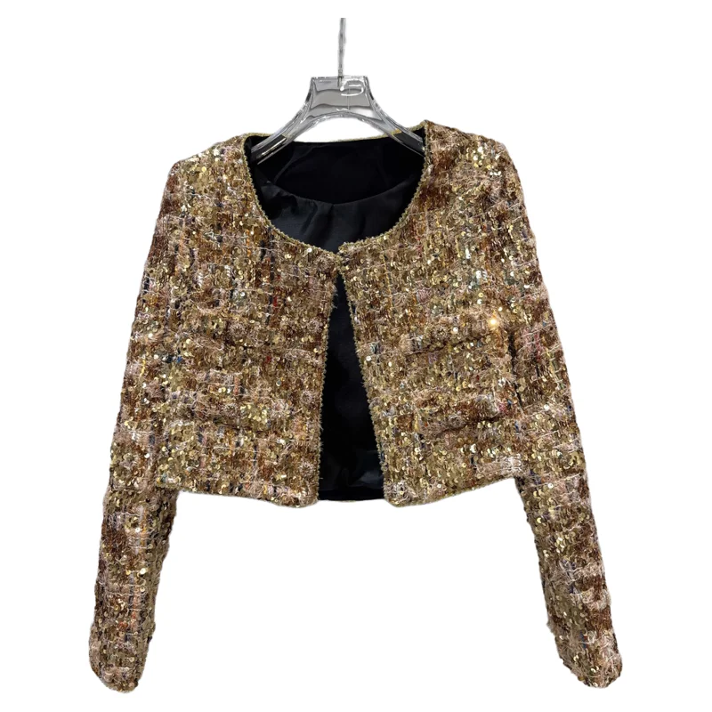 

Spring 2026 Luxury ort Embroidered Heavy Work Bouclé Jaet Gold Bead Sequin Women's Faion Ele Sle Slim Fit Long Sl...