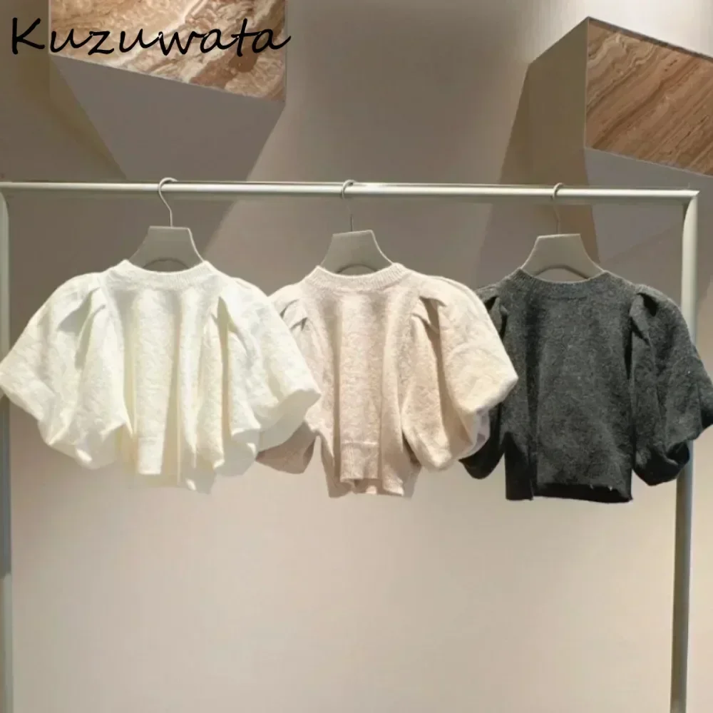 Kuzuwata Temperament O Neck Puff Sleeve Sweet Jumper All-match Knit Casual Patchwork Pullover Japan Moda Solid Elegant Knitted