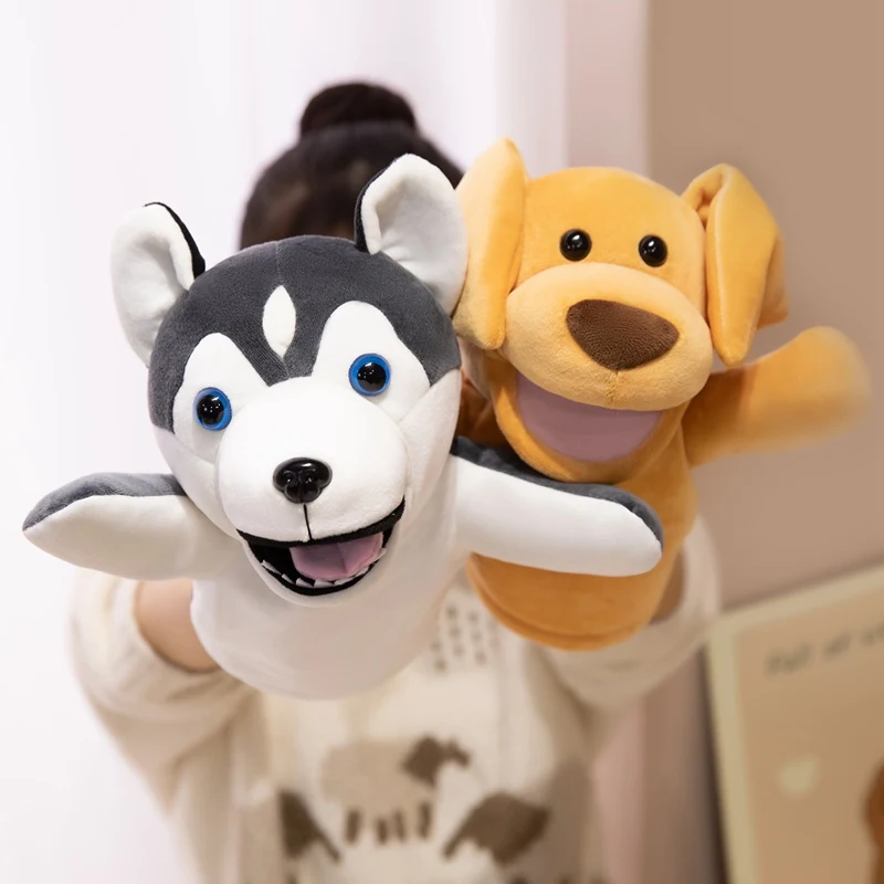 25CM Cartoon Animal Hand Puppet Parent-child Game Doll Spotted Dog Husky Corgi Appease Toys Birthday Gifts